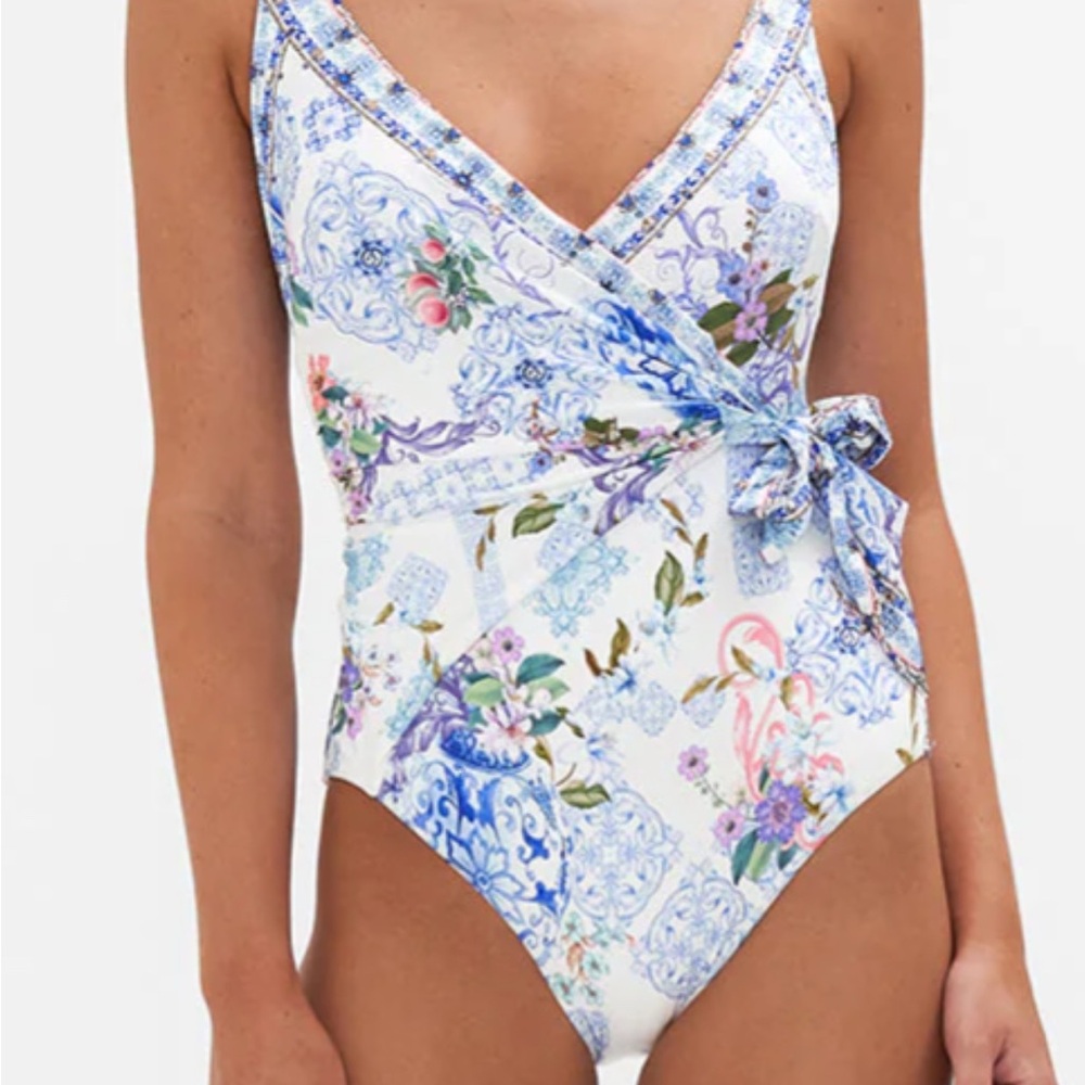 Camilla Blue and Pink One Piece Swimsuit with Wrap Style and Tie Detail